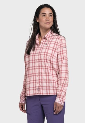 Leichtes, langärmliges, knopfbares Hemd im rosa und weißen Karomuster mit einem Logo am Ärmel. Verfügt über einen klassischen Kragen und einen lässigen Schnitt.
