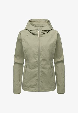 Lysegrøn hættejakke med fuld lynlås foran, to lynlåslommer i siderne og lange ærmer med elastiske manchetter.