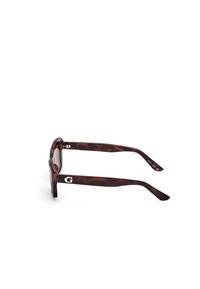 Tortoiseshell sunglasses with rectangular lenses and thick frames, featuring a metallic logo accent on the left temple.