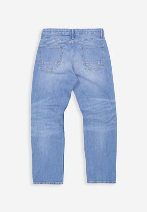 Hellblaue Jeans aus Denim, von hinten gezeigt, mit zwei Gesäßtaschen, Gürtelschlaufen und leichtem Verblassen an den Beinen.