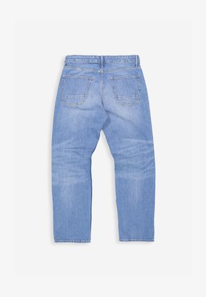 Hellblaue Jeans aus Denim, von hinten gezeigt, mit zwei Gesäßtaschen, Gürtelschlaufen und leichtem Verblassen an den Beinen.
