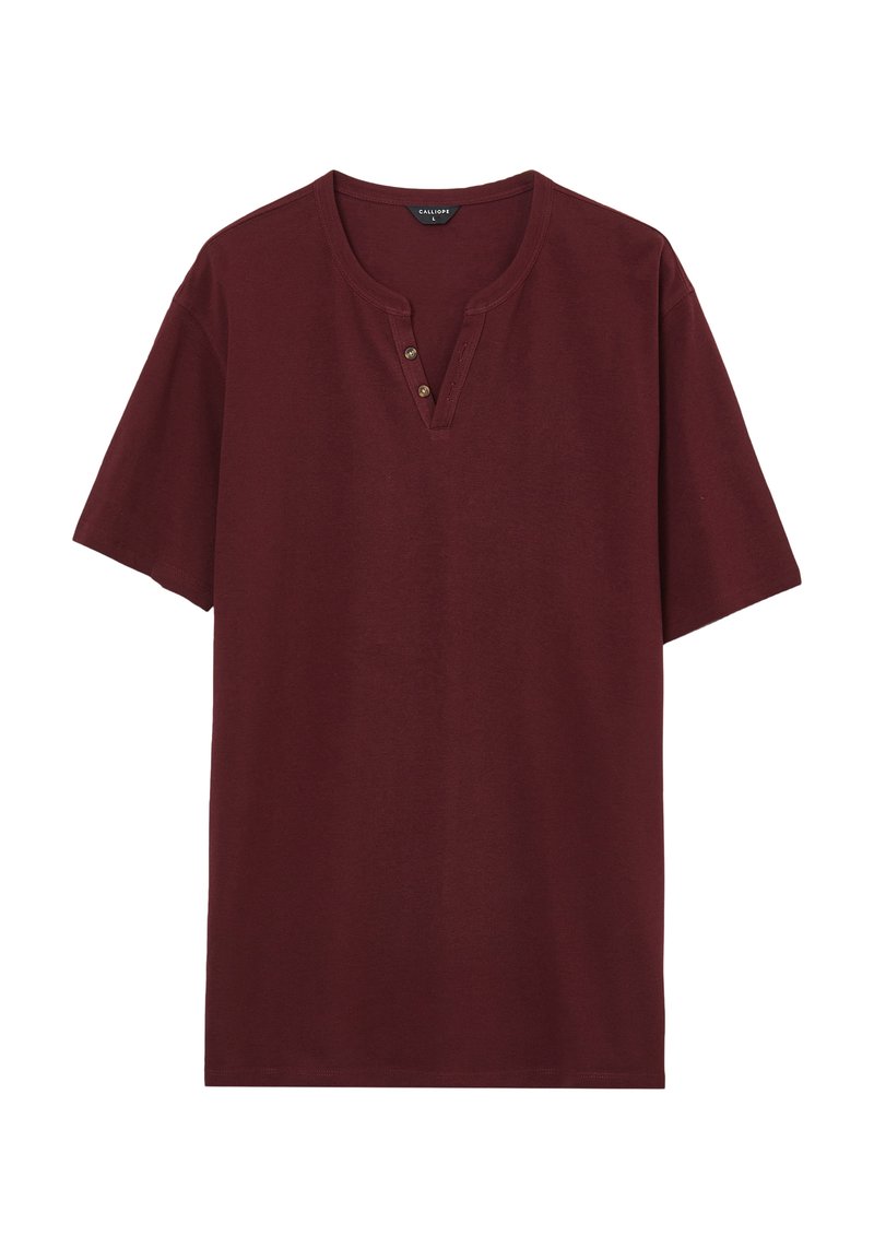 T-shirt corto borgogna in cotone con colletto rotondo, dotato di una patta con tre bottoni marroni e una vestibilità comoda.