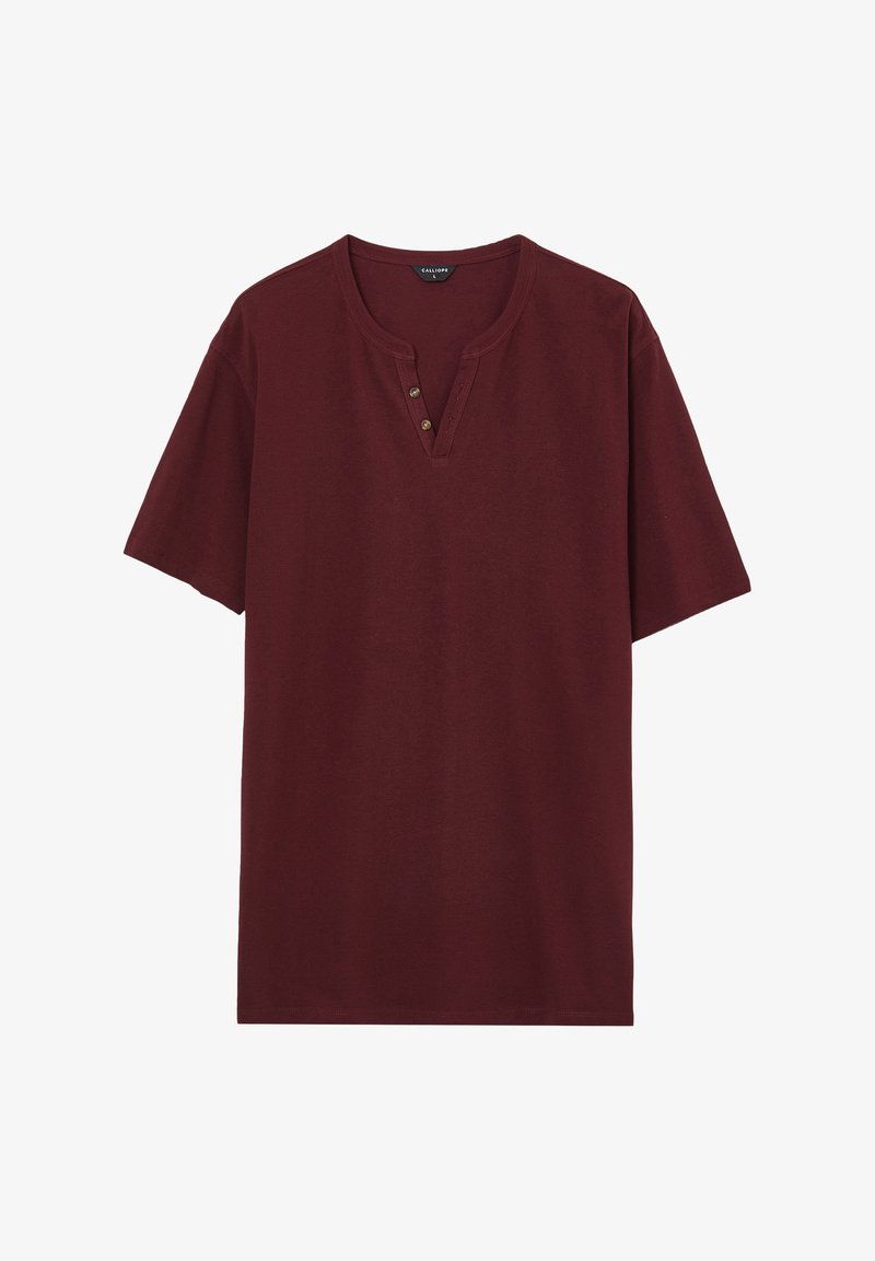 T-shirt corto borgogna in cotone con colletto rotondo, dotato di una patta con tre bottoni marroni e una vestibilità comoda.