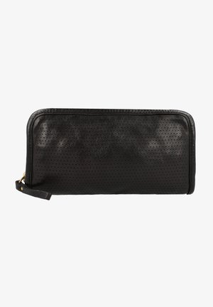 Black leather wallet with perforated design, featuring a zip closure, flat shape, and a side strap. Smooth texture and subtle sheen.