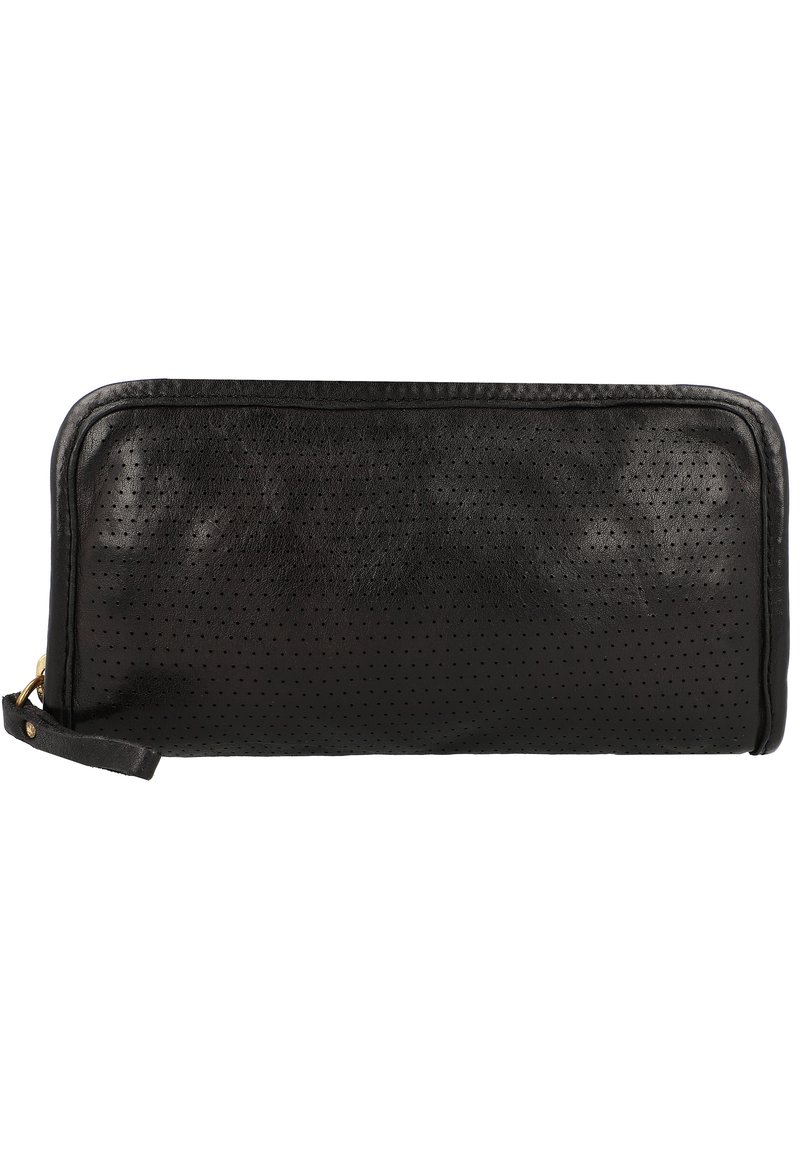 Portafoglio in pelle nera con design perforato, dotato di chiusura con zip, forma piatta e una tracolla laterale. Texture liscia e leggera lucentezza.