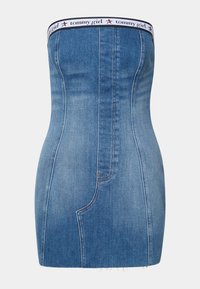Denim strapless dress in light blue with a fitted silhouette. Features contrasting stitching and a branded elastic band at the top.