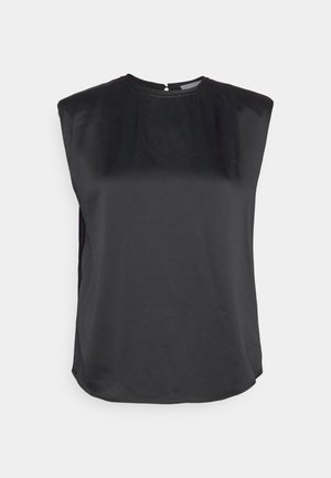 Fekete, ujjatlan felső magas nyakkivágással, sima textúrával, kerek szegéllyel és gomblyuk záródással a háton. Egyszerű dizájn, minta nélkül.