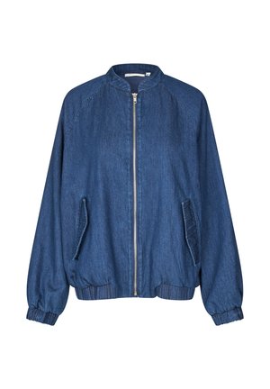 Giacca di jeans blu scuro, con colletto alla coreana, zip frontale, polsini elasticizzati e tasche laterali, dal design comodo e rilassato.