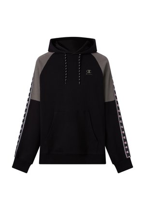 Schwarzer Hoodie mit grauen Akzenten, Kordelzugkapuze, Fronttasche und gemusterten Ärmeln mit Logo. Hergestellt aus weichem Material.