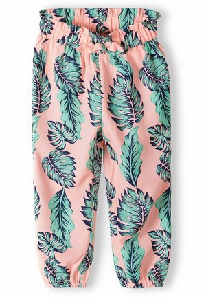 Pantalon rose imprimé de feuilles tropicales vertes et bleues, taille élastique avec nœud noué, et poignets élastiques aux chevilles.