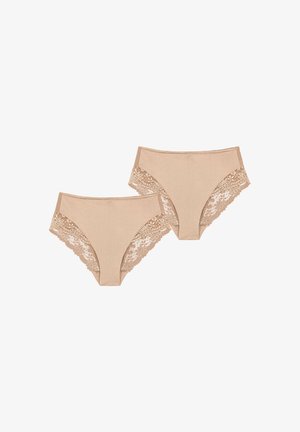 Nude hoge taille slipjes met kantafwerking, voorzien van florale ontwerpen in een contrasterende kleur, zachte textuur en een elastische tailleband.