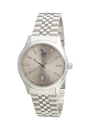 Orologio da polso in metallo argentato con quadrante beige, indici orari argentati, finestra della data alle 6 e logo U.S. Polo Assn. sotto le 12.