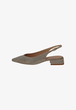 Pointed toe beige textured slingback shoe with low block heel and adjustable buckle strap.