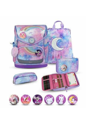Backpack set includes a multicolored pastel backpack, pencil case, drawstring bag, and circular buttons with animal designs.