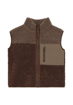 Gilet in pile marrone senza maniche con zip frontale completa e tasca con zip sul petto sinistro in un pannello di tessuto marrone più chiaro.