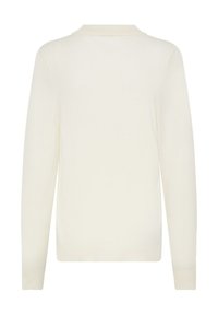 Pull crème à manches longues vu de dos avec un col rond et des poignets et un bas côtelés.