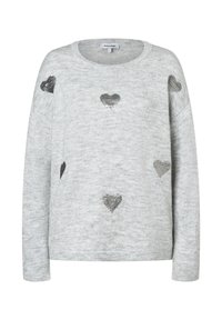 Hellgrauer Pullover mit mehreren Paillettenherzen in unterschiedlichen Farbtönen, rundem Hals und langen Ärmeln sowie einer weichen Textur.