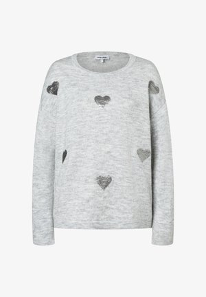 Hellgrauer Pullover mit mehreren Paillettenherzen in unterschiedlichen Farbtönen, rundem Hals und langen Ärmeln sowie einer weichen Textur.