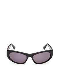 Occhiali da sole rettangolari neri con montatura spessa e lenti scure appoggiati su una superficie bianca.