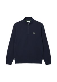 Navyblauw sweatshirt met een kwart rits, voorzien van lange mouwen en een klein groen Lacoste-logo op de linkerkant van de borst. Zachte textuur en effen kleur.