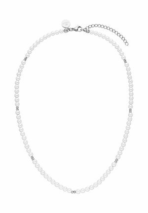 Collier en perles blanches avec fermoir en argent et rallonge de chaîne. Présente des perles sphériques uniformes et des accents en argent intercalés.