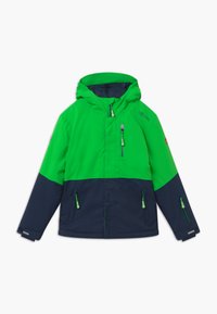 Giacca impermeabile verde e blu navy con cappuccio, zip frontale, polsini regolabili, due tasche laterali e dettagli riflettenti.