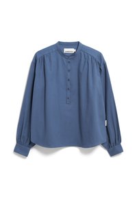 Blaues Langarmshirt mit rundem Ausschnitt, vorderer Knopfverschluss, gefälteten Schultern und gerafften Bündchen, aus einem glatten, leichten Stoff.
