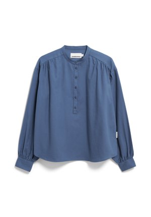 Blauw langemouwen shirt met een ronde halslijn, knoopsluiting aan de voorkant, geplooide schouders en gathered cuffs, gemaakt van een gladde, lichtgewicht stof.