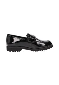 Black patent leather loafers with a low block heel, featuring a decorative buckle and a textured, rugged sole.