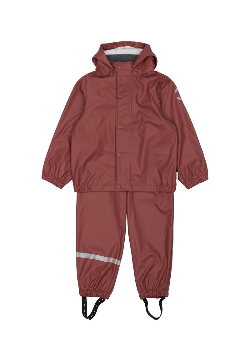 Vandafvisende maroon regnsæt med elastiske manchetter, aftagelig hætte, sølvreflekterende striber og justerbare benstropper for en sikker pasform.