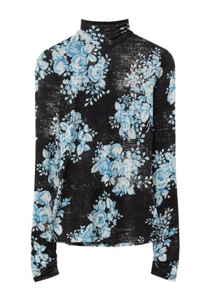 Pull à col roulé noir à manches longues avec un motif floral bleu clair et blanc, ainsi qu'une texture blanche légèrement usée subtilement répartie.