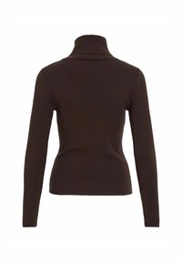 Maglione a collo alto marrone con maniche lunghe, texture a coste, forma aderente e colletto alto. Design minimalista senza decorazioni visibili.