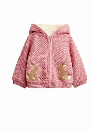 Pink gestrickter Hoodie für Kleinkinder mit Frontreißverschluss, cremefarbenem Innenfutter und Hasenapplikationen auf jeder Tasche.