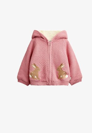 Pink gestrickter Hoodie für Kleinkinder mit Frontreißverschluss, cremefarbenem Innenfutter und Hasenapplikationen auf jeder Tasche.
