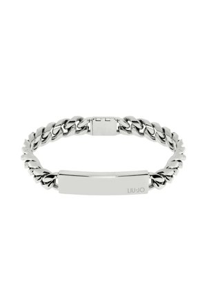 Bracciale in argento caratterizzato da un design a catena spessa, una piastra rettangolare liscia e una finitura lucida, contrassegnato con "LIU-JO."