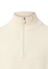 Krämfärgad zip-up tröja med hög ribbad krage, tillverkad av strukturerad stickad tyg, med en silverfärgad dragkedja för stängning.