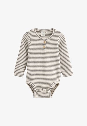Langærmet baby bodystocking med grå og hvide vandrette striber, to træknapper ved brystet og trykknapper ved skridtet.