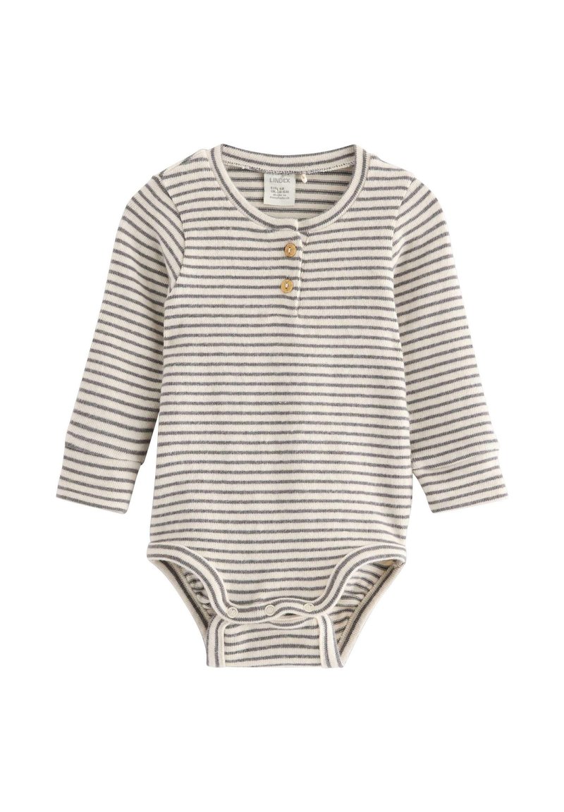 Langærmet baby bodystocking med grå og hvide vandrette striber, to træknapper ved brystet og trykknapper ved skridtet.