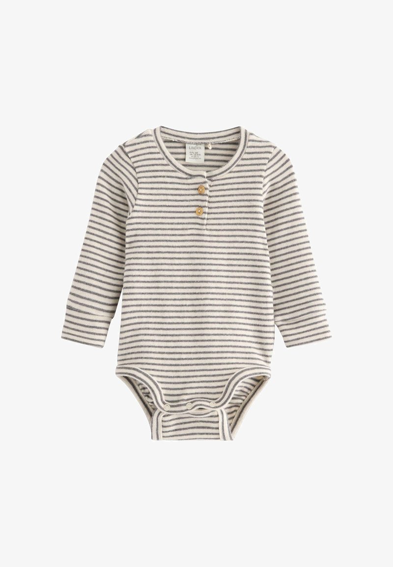 Langærmet baby bodystocking med grå og hvide vandrette striber, to træknapper ved brystet og trykknapper ved skridtet.