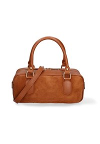 Borsa a mano in pelle marrone con una finitura liscia, manici corti, una tracolla removibile e chiusura a zip. Presenta accenti testurizzati sottili.
