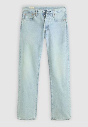 Helle blaue Denim-Jeans mit geradem Schnitt, fünf Taschen, Knopfverschluss und dezentem Verblassen. Mit Steppdetails und Kupfennieten.