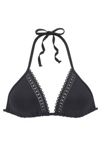 Čierny bikiny vrch s dizajnom halter krku, s vlneným lemovaním pozdĺž trojuholníkových pohárov a nastaviteľnými šnúrkami pre prispôsobený fit.