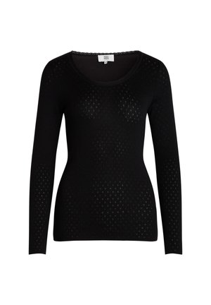 Crna majica dugih rukava s okruglim izrezom, s perforiranom teksturom i dijamantnim izrezima po cijeloj površini. Mekana tkanina.