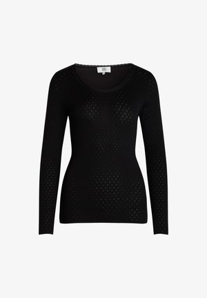 Črn dolg rokav s krožnim izrezom, ki je okrašen s perforirano teksturo in diamantno oblikovanimi izrezi po celotni površini. Mehka tkanina.