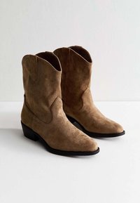 Botas de cowboy de ante marrón con punteras puntiagudas, costuras laterales curvas y tacones bajos. Textura suave con un diseño sencillo y clásico.