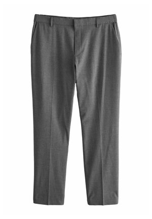 Pantalones grises con un diseño de pernera recta, confeccionados en tejido texturizado. Presentan dos bolsillos frontales y dobladillos limpios, adecuados para ocasiones formales.