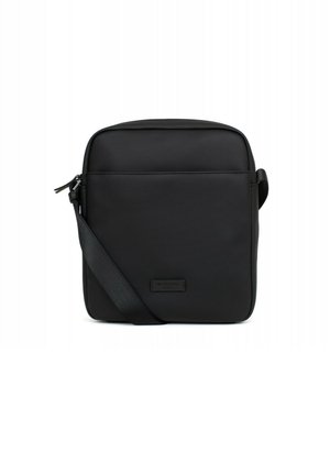 Borsa a tracolla nera realizzata in tessuto resistente, caratterizzata da un design rettangolare elegante, tracolla regolabile e una tasca con zip frontale per accessori.