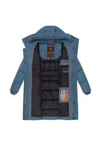 Blue puffer jacket with a removable hood, featuring a black interior, orange accents, and multiple interior pockets. Lightweight, quilted design.