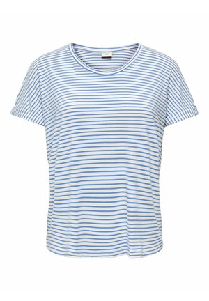 Striped short-sleeve t-shirt in light blue and white. Soft cotton material with a round neckline and relaxed fit. Simple, casual design.