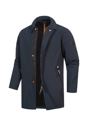 Granatowa kurtka wodoodporna z kołnierzem, zatrzaskami, bocznymi kieszeniami i regulowanymi sznurkami. Gładka tekstura i elegancki design.